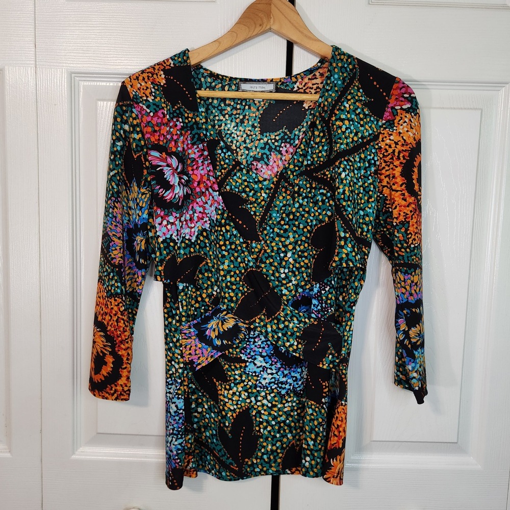 VTG Laura Max Peggy Floral Pointillism Multi-Color Wrap V-Neck 3/4 Sleeve Top M